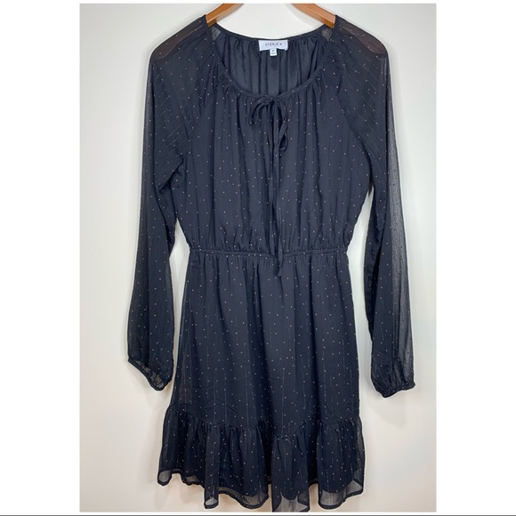 Gilli Chiffon Print Dress, Black, Split Neck with Ties, Size Medium - Picture 1 of 6